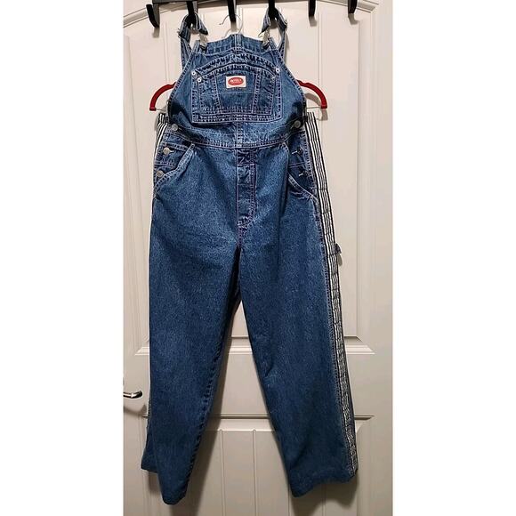 REVOLT Jeans Bib Overalls Carpenter Blue Denim Sz Junior Medium Stripe Accent0 - Picture 3 of 10
